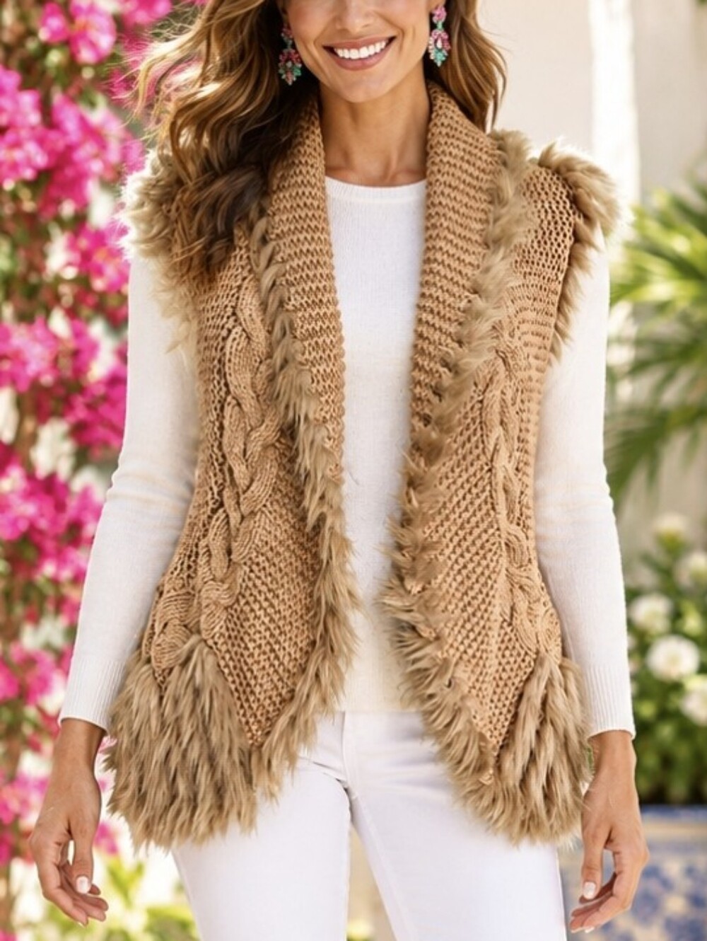 Lilly Pulitzer Torini Sweater Vest S Faux Fur Cable Knit Tan Gold metallic